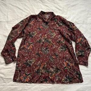 Vintage silk Burgundy and orange floral button-up blouse Size large